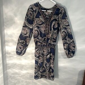 White House Black Market Navy Paisley Long Sleeve Dress